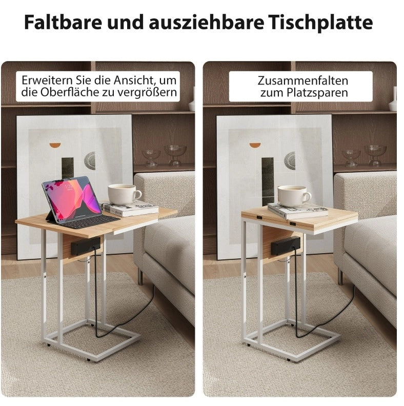Tavolino a C pieghevole con ricarica USB, bianco e legno
