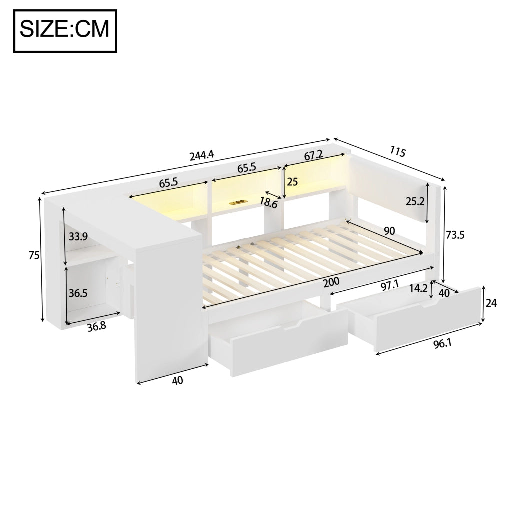 Letto a piattaforma 90x200 cm con testiera imbottita; contenitore; USB e LED; bianco