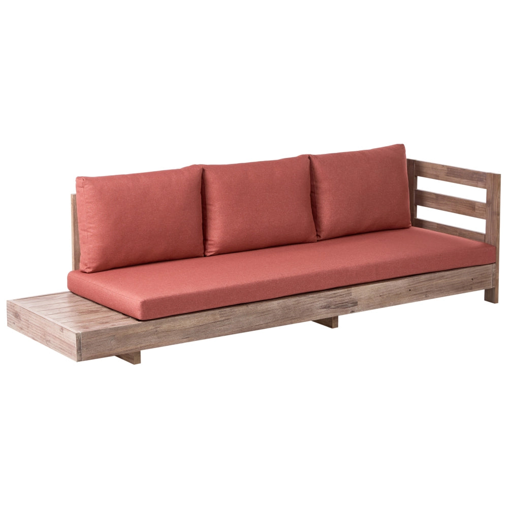 Set Lounge da Esterno con Divano Angolare Sinistro a 5 Posti in Legno di Acacia Certificato Chiaro con Cuscini Rossi e Tavolino Laterale