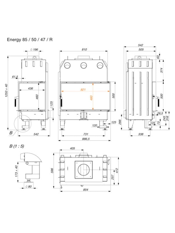 Caminetto ad angolo Inserto Apertura destra Nero Energy 85x50x47 (17 kW) ECO