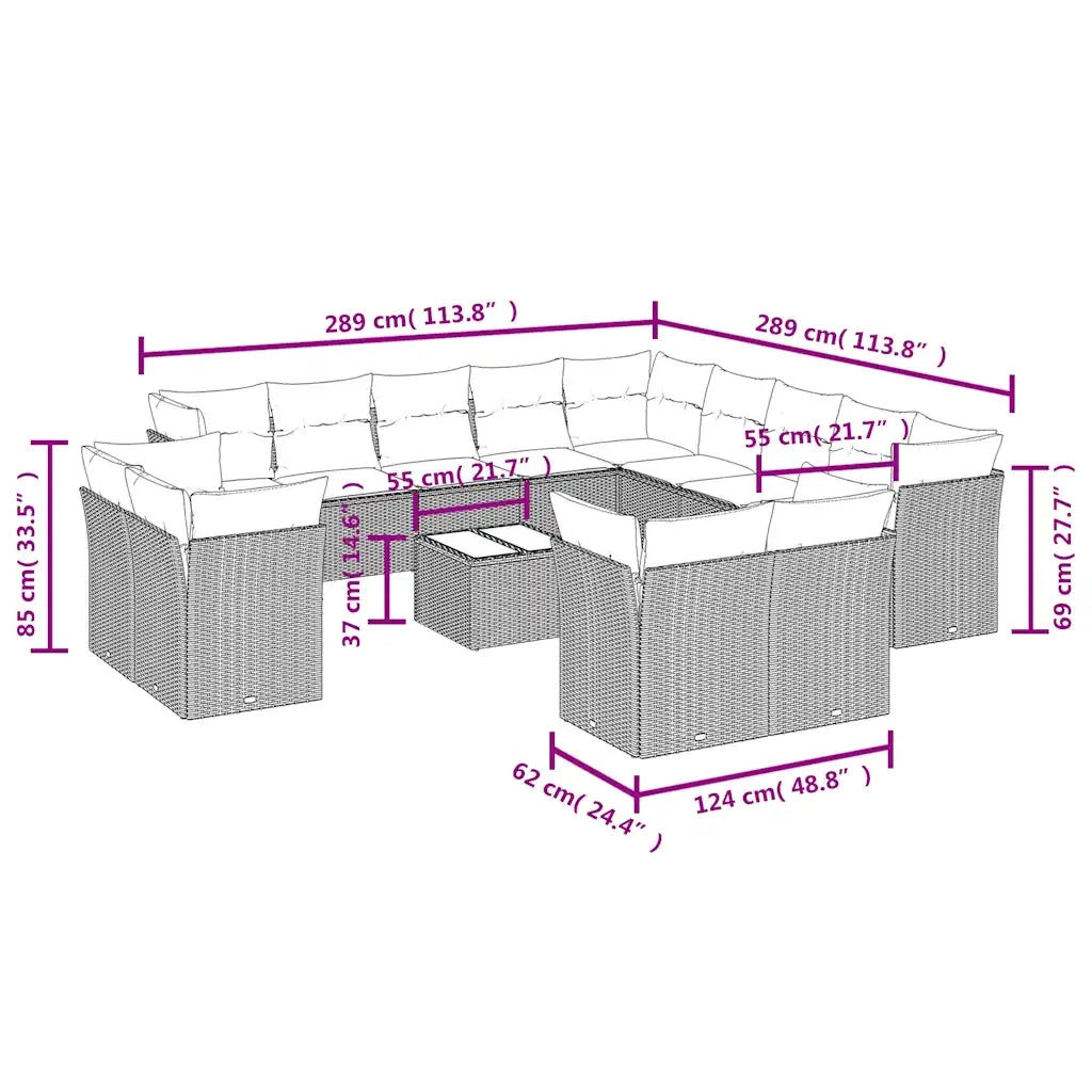 Set Divani da Giardino 14pz con Cuscini in Polyrattan Marrone