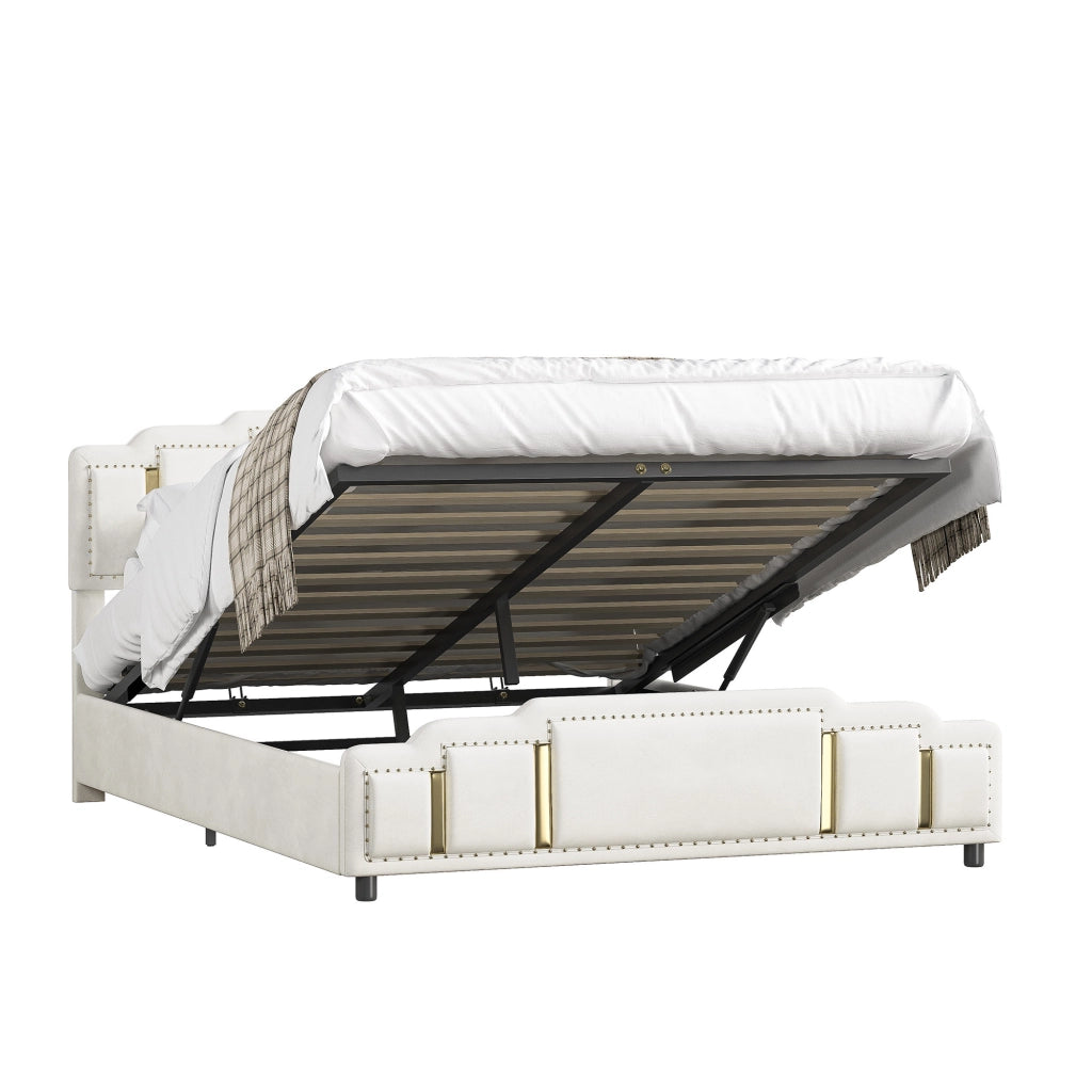 Letto 140x200 cm con contenitore idraulico e LED in velluto beige