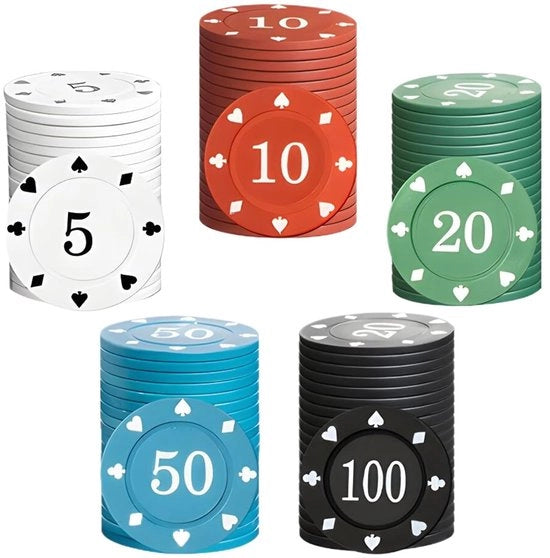 Pokerchip 100 pezzi - Plastica - Stile da casinò - Stampata - Set in 5 colori - Adatto per serate di poker - Fiches da poker