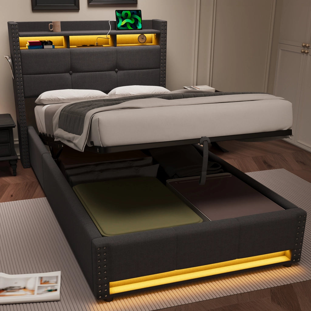Letto singolo contenitore imbottito grigio scuro 90x200 cm con LED e ricarica USB