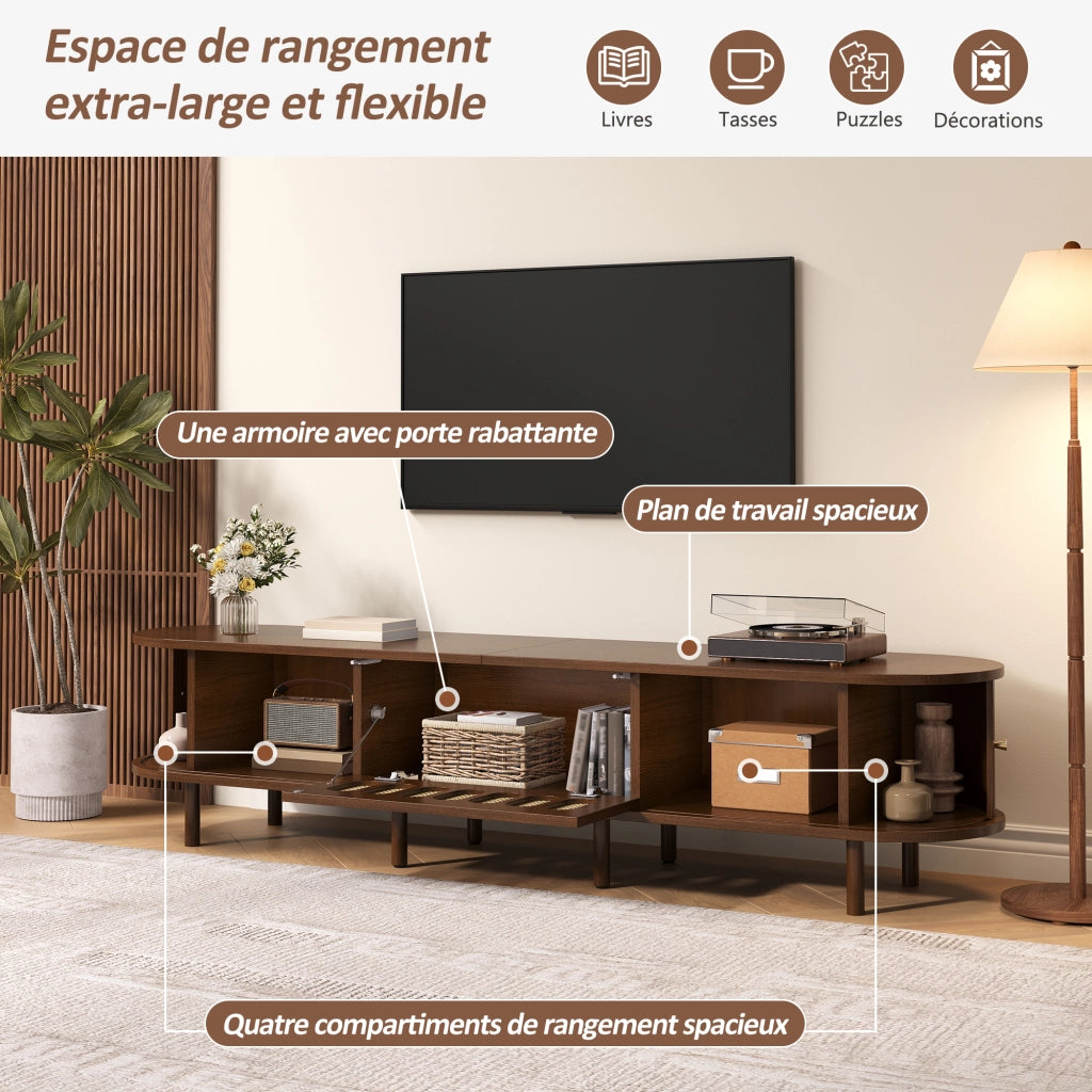 Mobile porta TV con 1 anta a ribalta in rattan e 2 ante a serranda, 5 vani chiusi, per soggiorno, in MDF, noce, 180 × 40 × 40 cm