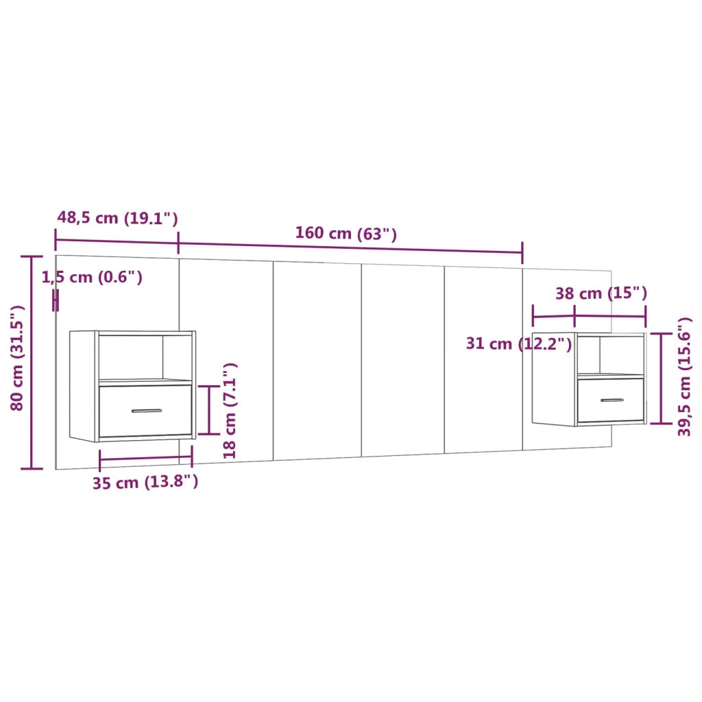 Testiera Letto con Comodini-Testiera con Contenitore Rovere Fumo in Legno Multistrato 948611