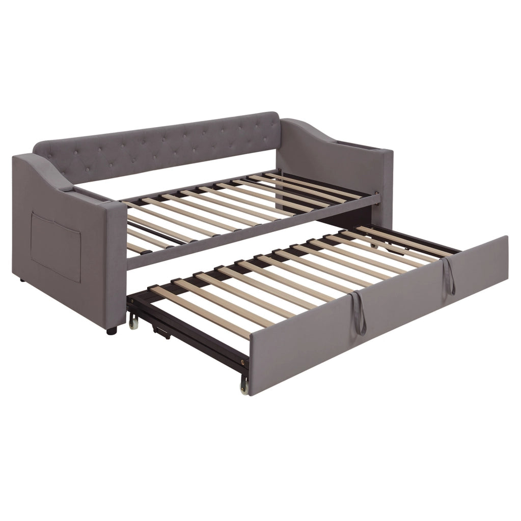 Divano letto imbottito 90x190 cm con USB e vani portaoggetti in velluto grigio