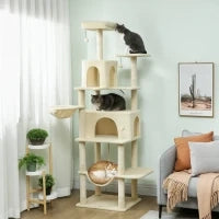 Albero Tiragraffi per Gatti con Piattaforma, Torre, Letto, Tane e Pali in Sisal 60x48x202 cm Beige