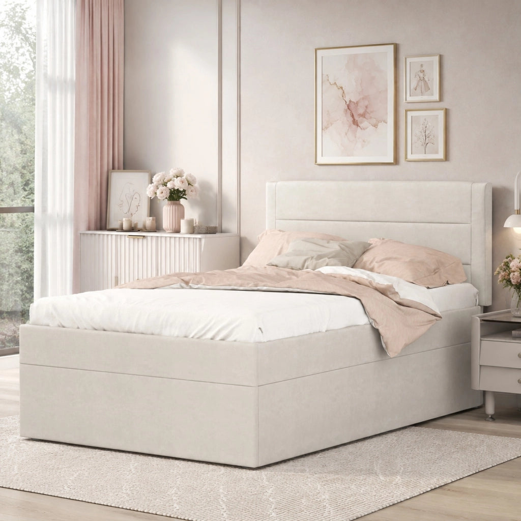 Letto singolo imbottito 90x200 cm con vano contenitore e rete a doghe; lino beige