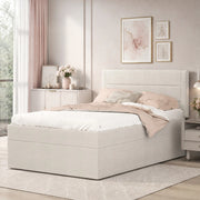 Letto singolo imbottito 90x200 cm con vano contenitore e rete a doghe; lino beige