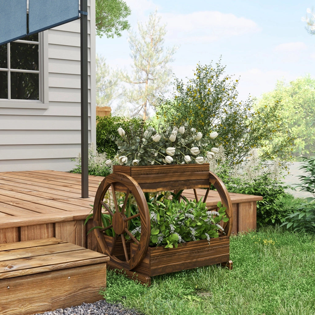 Fioriera da Esterno a 2 Livelli con 3 Vasi e Ruote di Carro Stile Country 64x54x60 cm in Legno Carbonizzato