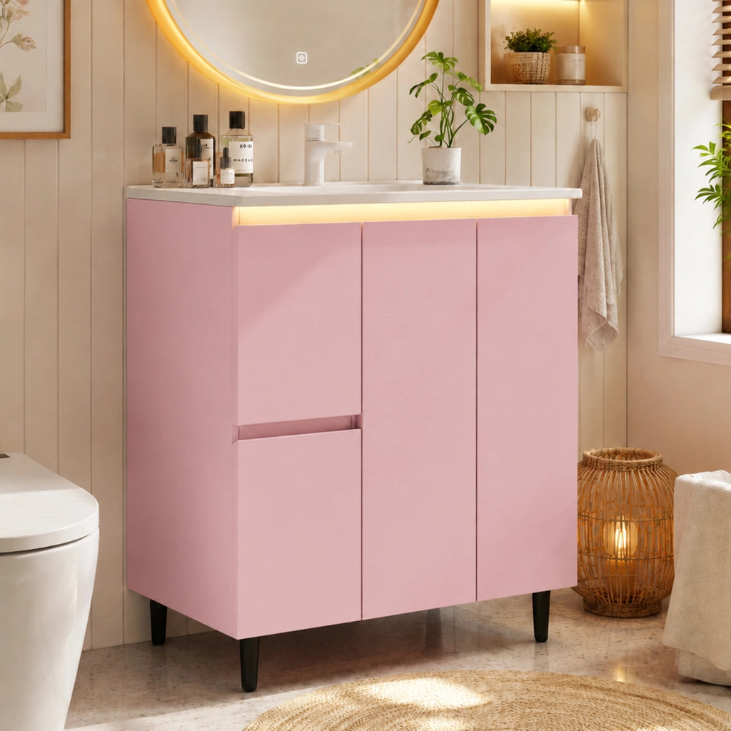 Mobile bagno a terra rosa 76x47x89 cm con lavabo in ceramica; LED sensore radar e 2 cassetti
