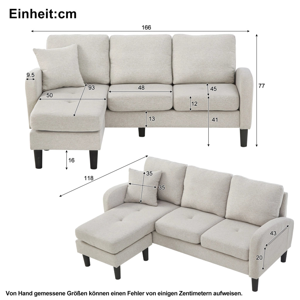 DIVANO ANGOLARE MODULARE 166 x 118 x 77 cm Tessuto misto cotone-lino Beige Grigio/Bianco