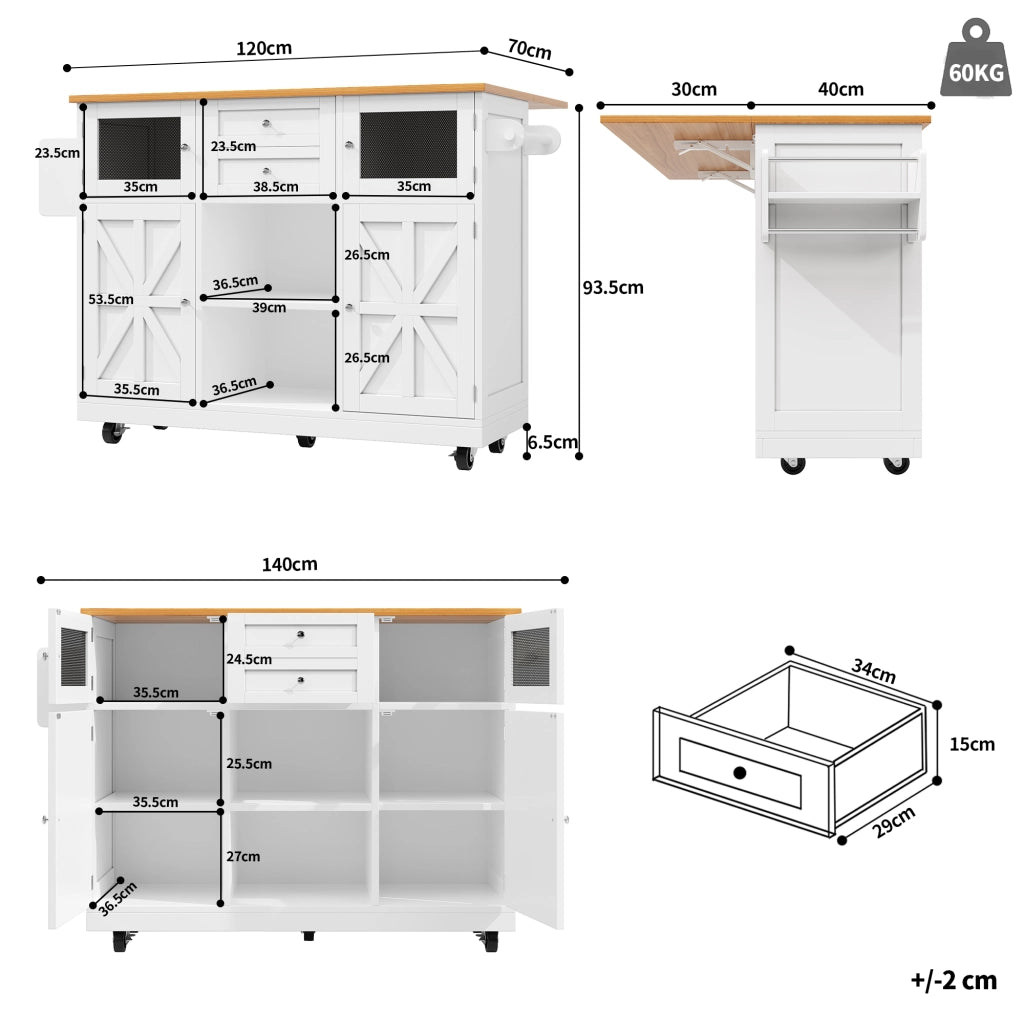 Carrello da Cucina con 2 Ante; 2 Cassetti; 2 Vani; Piano Ribaltabile; Portaasciugamani e Ruote; in MDF; 140 x 40 x 93.5 cm; Bianco