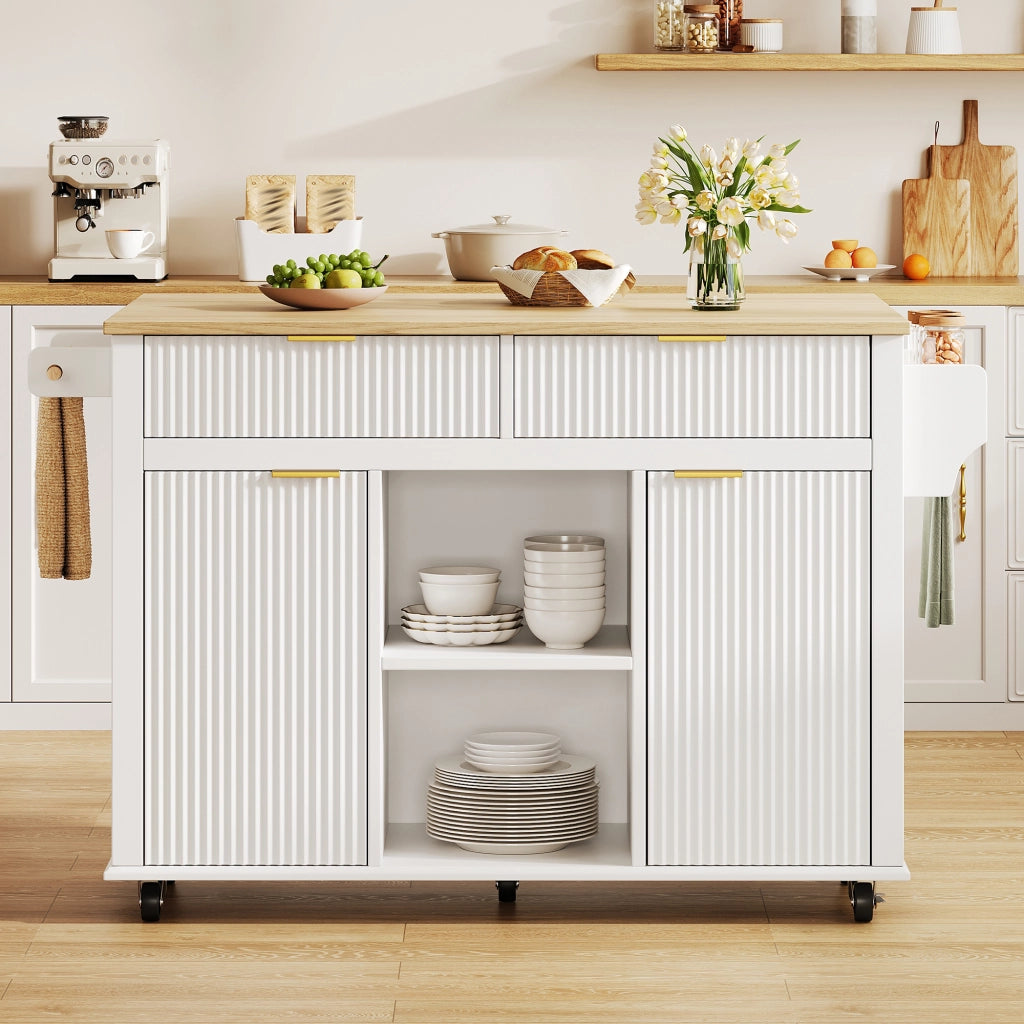 Isola da cucina su ruote 143 x 45 (69) cm con piano ribaltabile, 2 cassetti, 2 ante e vano porta spezie