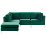 Divano ad angolo componibile versione destra a 4 posti in velluto verde con gambe in metallo argentato a forma di L ottomana Stile glamour