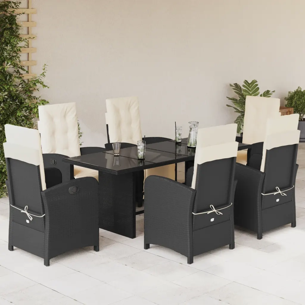 Set da Pranzo da Giardino 7 pz Nero con Cuscini in Polyrattan 3212486