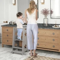 Scala Montessori Convertibile in Set Tavolo e Sedie con Barra di Sicurezza, in Legno, 60x44.5x86 cm, Grigio