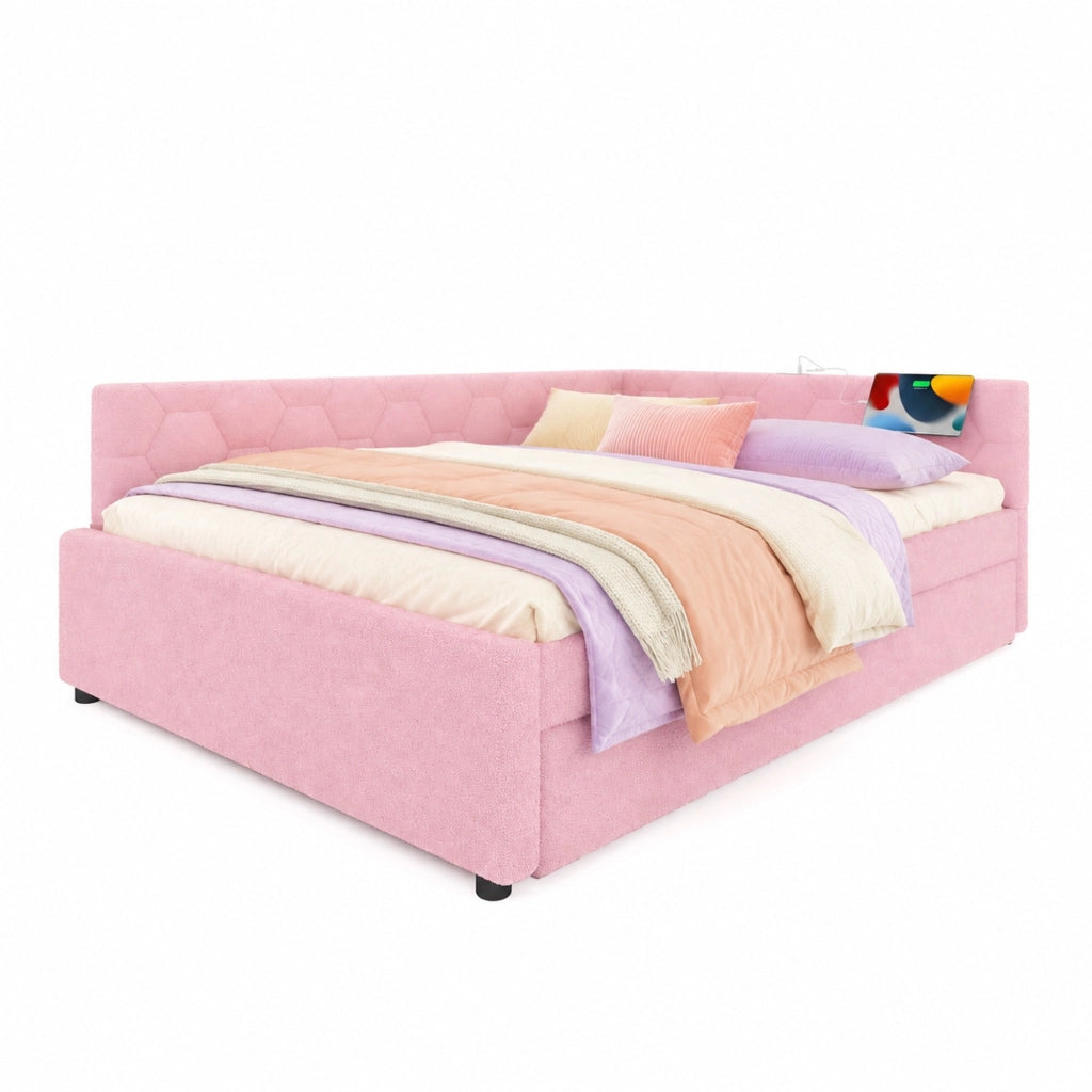 Daybed 140x200 cm con letto estraibile, USB e luce notte, senza materasso, rosa