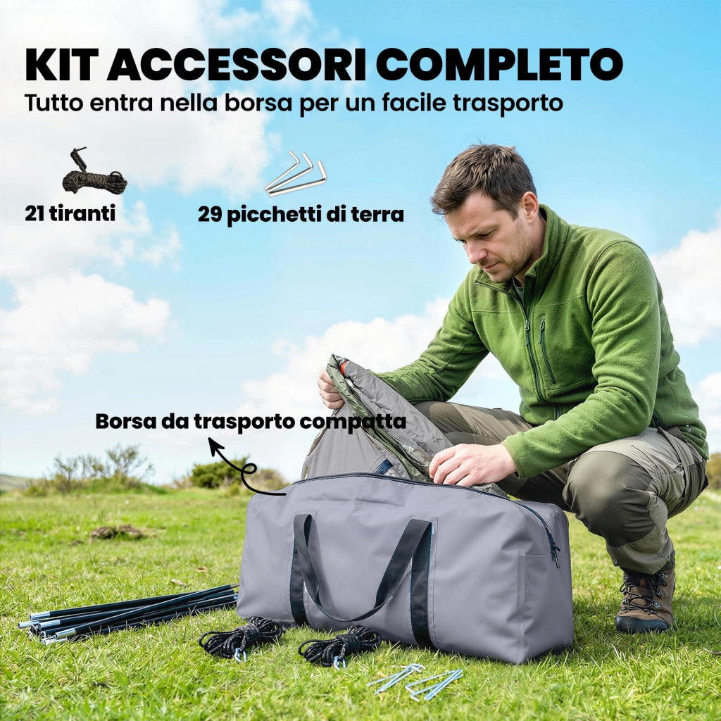 Tenda da Campeggio Multi-Stanza 505x390x196 cm per 2-4 Persone con Finestre e Veranda Struttura in Fibra di Vetro Verde