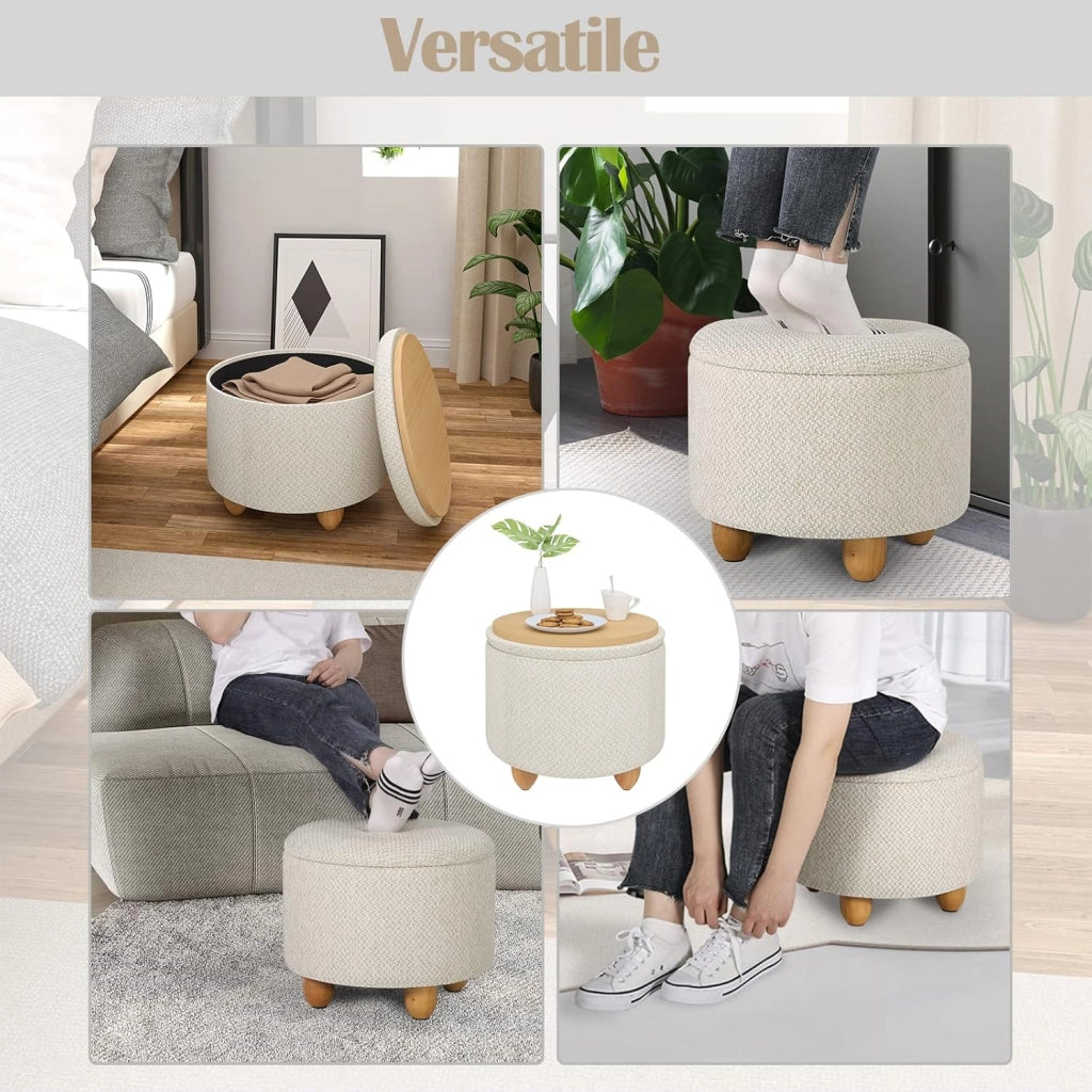 Pouf Contenitore con Coperchio, Pouf Poggiapiedi in Lino Grosso, Sgabello Tondo Salvaspazio con Gambe in Legno di Pino per Soggiorno, Corriodio, Camera, Ø 39x33 cm, Beige