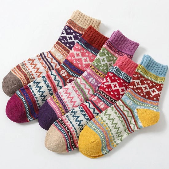 Calze da donna caldi, 5 pacchi, calze da donna calde a maglia di lana, stile retro, materiale di cotone soffice e spesso, calze da donna da notte, disponibili in diverse colori, adatto per la casa, per l'ufficio, per la scuola.