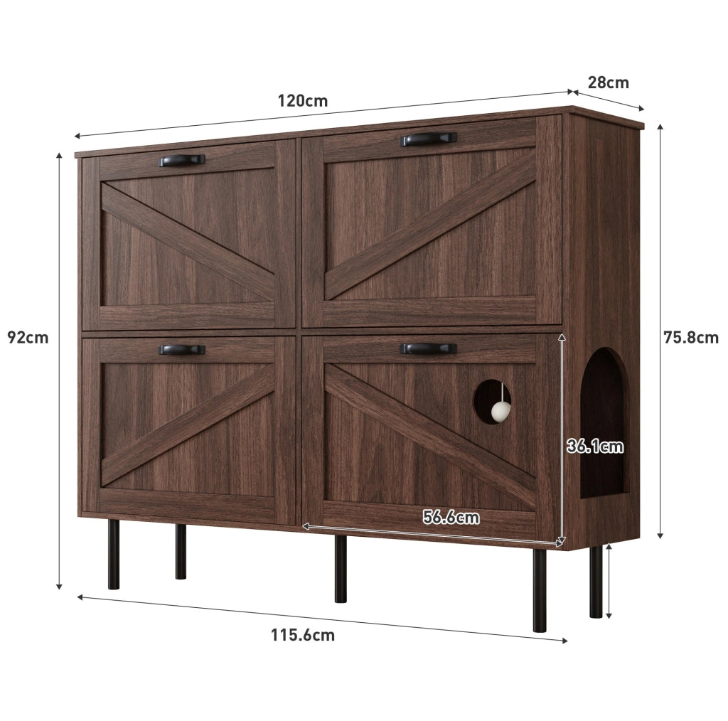 Scarpiera con 4 ante e 3 ribalte; 120x28x92 cm; truciolare effetto noce naturale