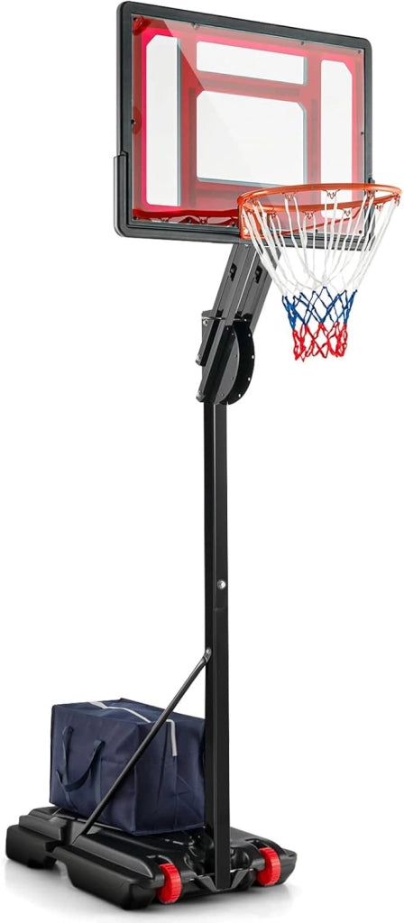 Canestro da Basket da Esterno ed Interno, Canestro da Basket Regolabile a 10 Livelli e Portatile, con Tabellone da 82cm, 2 Ruote e Borsa, per Tutte le Condizioni Atmosferiche