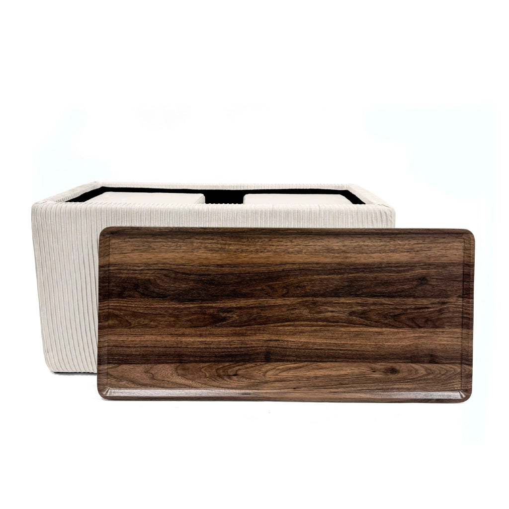 Set 3 Pouf Contenitore Quadrati con Tavolino Rettangolare da Salotto in Velluto e Coperchio in Legno, 2 Pouf Interni Salvaspazio, Tavolino Contenitore Moderno,Poggiapiedi, Seduta Imbottita Beige