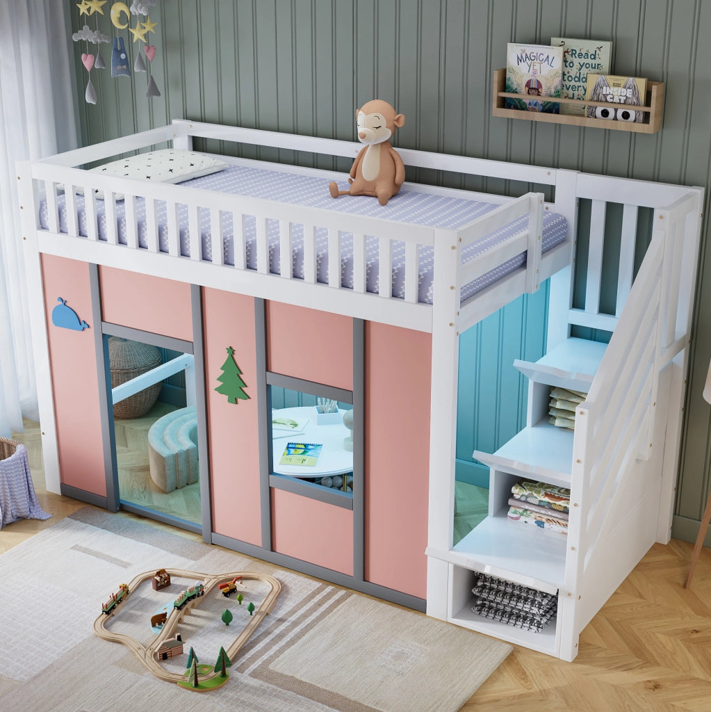 Letto a soppalco per bambini 90x200 cm bianco e rosa con scala contenitore, illuminazione LED e area gioco