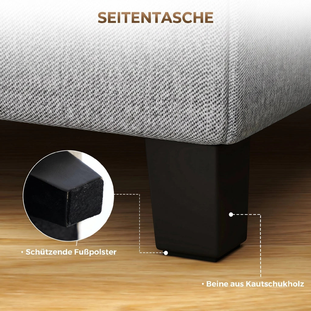 Pouf quadrato con tasca laterale ¨C Xylo ¨C tessuto effetto lino grigio chiaro gambe legno