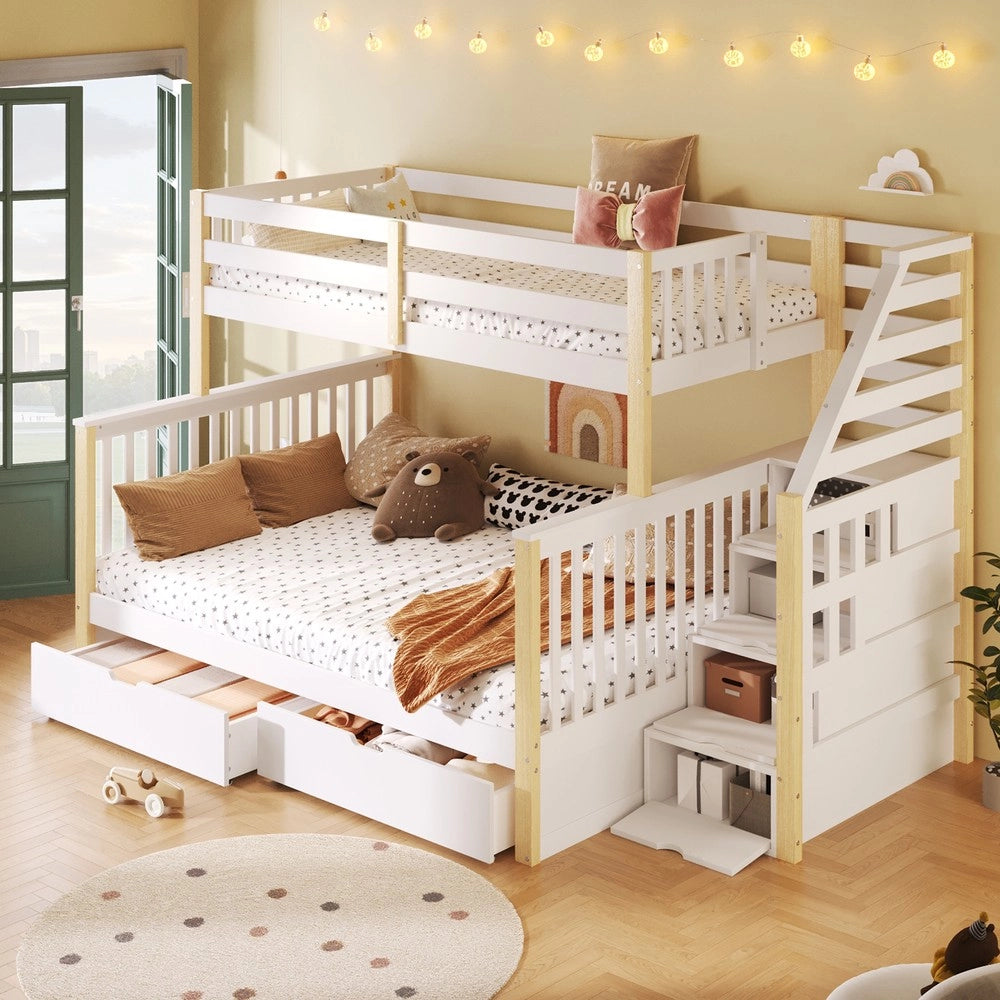 Letto a Soppalco con Cassetti e Contenitore ¨C Xylo ¨C Bianco/Naturale, 90x200/140x200