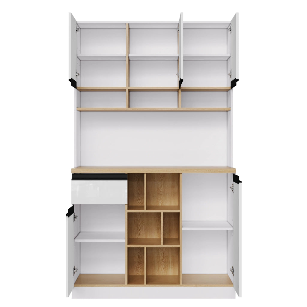 Credenza moderna bianca lucida 105×45×185 cm con ante, cassetto e vani aperti