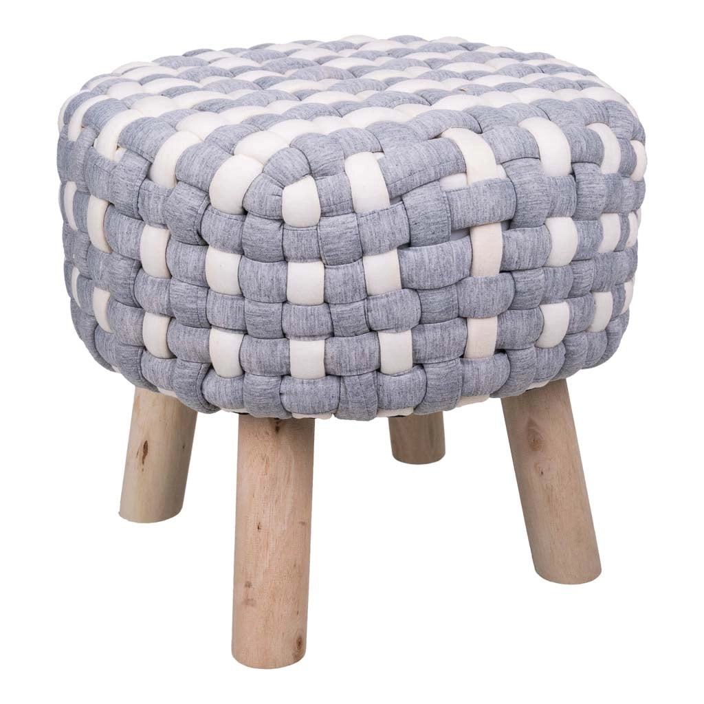 Sgabello grigio in cotone intrecciato e legno 40x40x36h