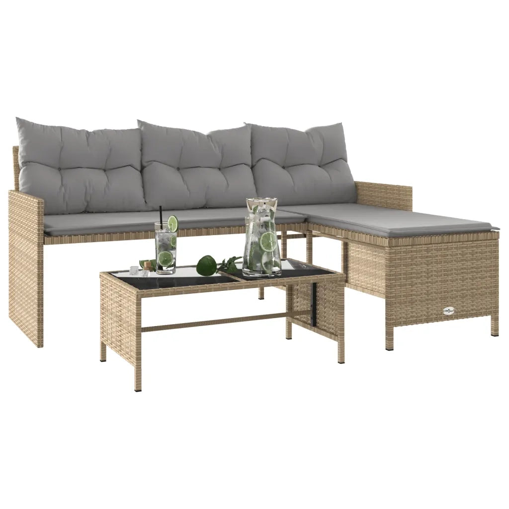 Divano Giardino con Tavolo e Cuscini a L Beige Misto Polyrattan 365576
