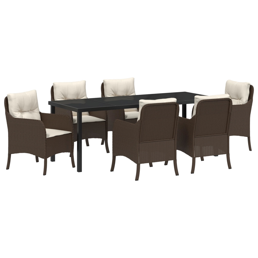 Set da Pranzo da Giardino 7 Pezzi con Cuscini Marrone Rattan di Polietilene