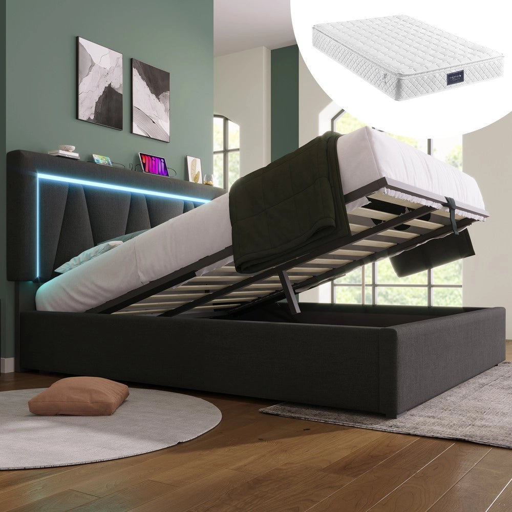 Letto Imbottito Contenitore LED con USB ¨C Xylo ¨C Tessuto Lino 160x200 con Materasso