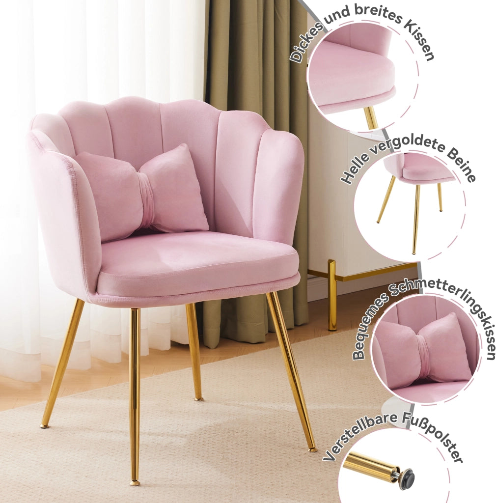 Set di 2 sedie imbottite in velluto rosa con schienale a petalo e gambe in metallo dorato