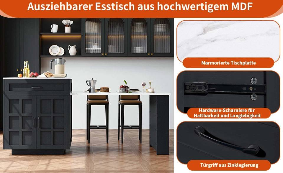 Tavolo Bar Estensibile con Ripiani e Cassetti, Cucina Isola da 133 a 202 cm, MDF Nero, Per 2-6 Persone