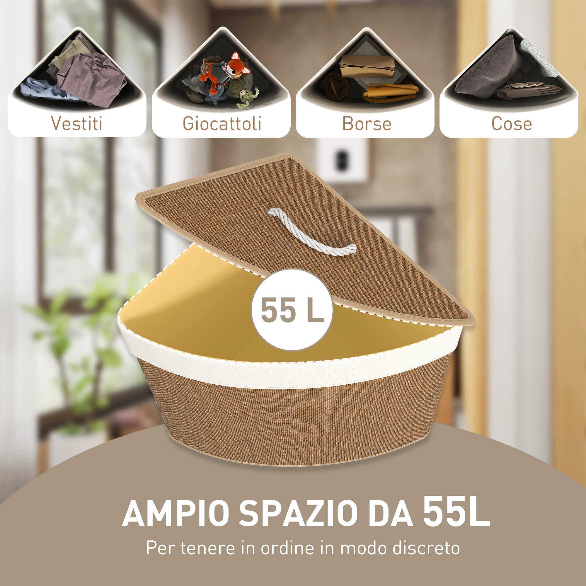 Cesto Portabiancheria Angolare da 55L con Sacco Rimovibile 35x35x60 cm in Vimini e Bambù Marrone