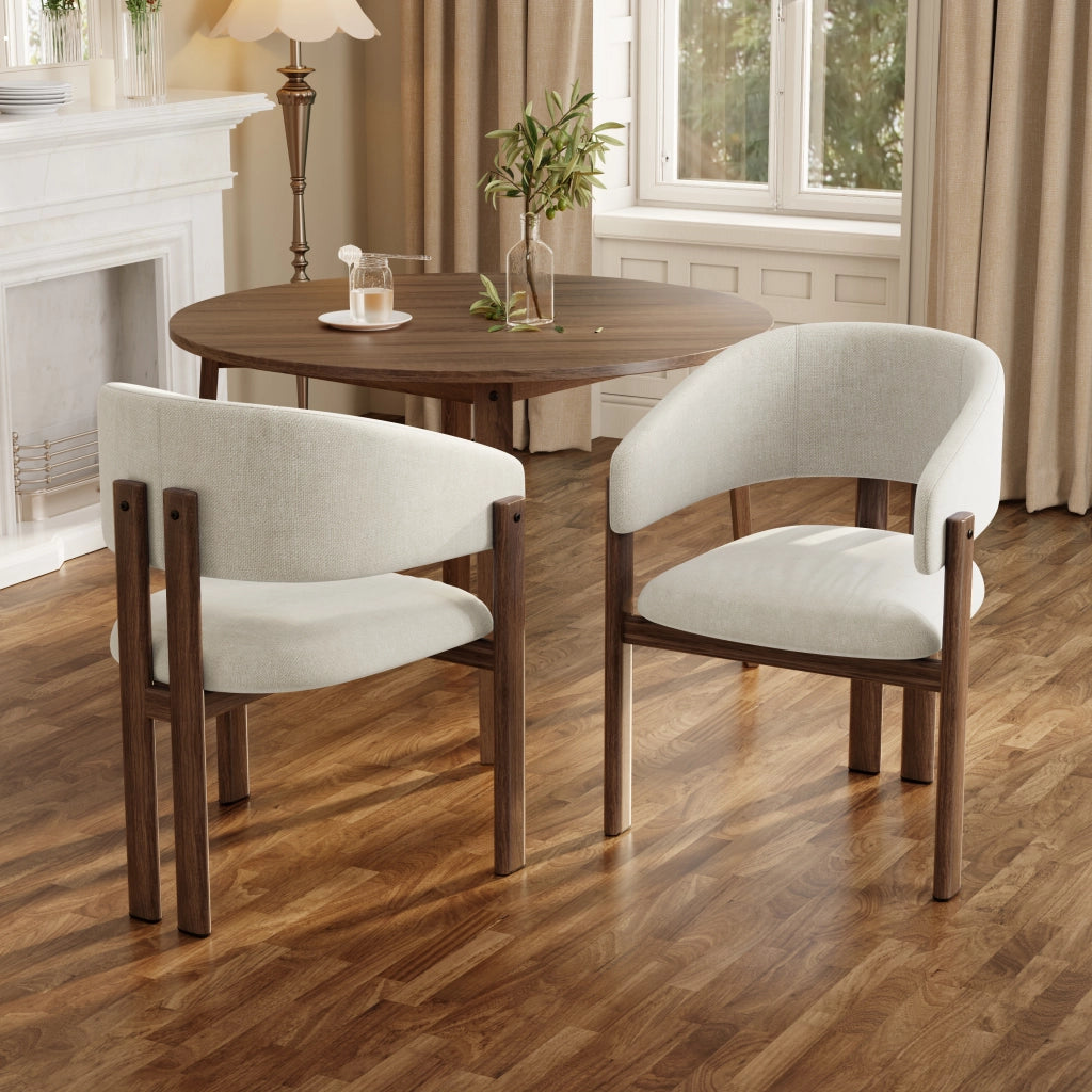 Set di 2 sedie da pranzo in metallo con braccioli, rivestimento in lino beige, effetto noce