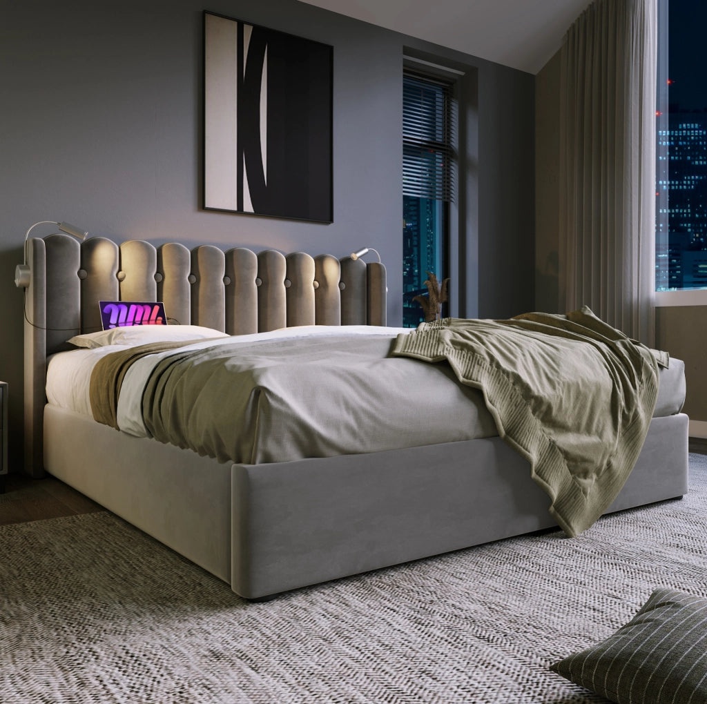 Letto imbottito 140x200 cm con LED da lettura, USB e contenitore
