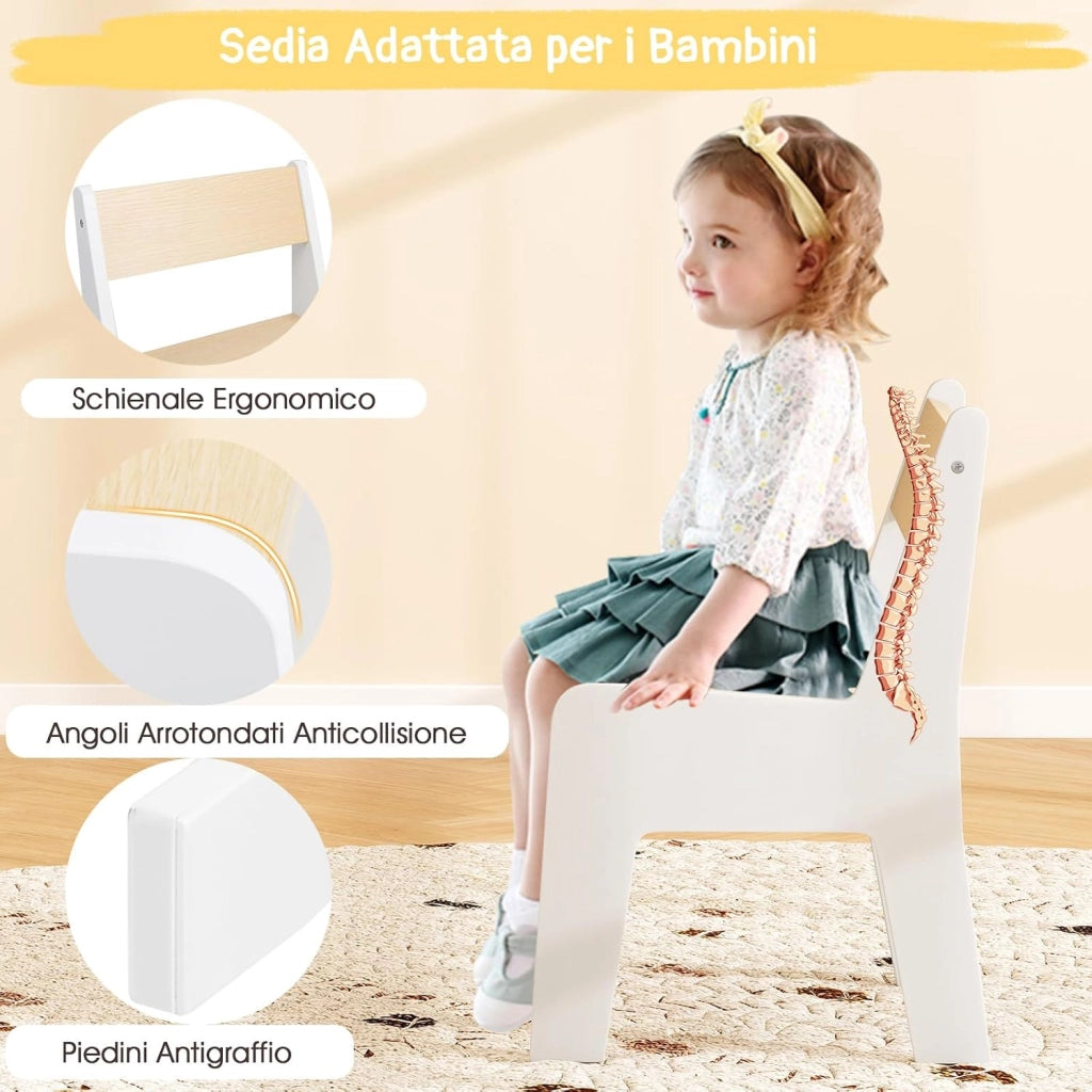 Set Tavolo e Sedia per Bambini 2 in 1, Set con Scrivania e Sedia in Legno per Bambini con Piano Rimovibile, Spazio di Archiviazione e Porta Rotolo di Carta per Aula e Cameretta (Bianco)