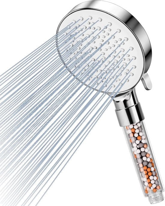 Douchekop idroregolatore 9 l/min, filtro per doccia con pietre naturali e 6 tipi di getto, douchekop idroregolatore e aumentatore di pressione con filtrazione a 3 fasi, finitura lucida