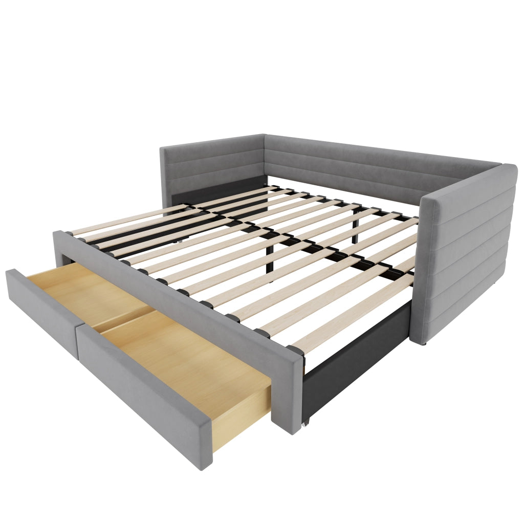 Letto divano estraibile 90 × 190 cm e 180 × 190 cm; 2 posti con 2 cassetti; senza materasso; grigio