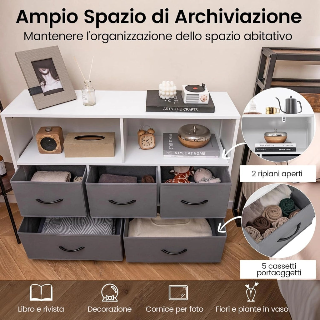 Cassettiera in Tessuto, Cassettiera con 5 Cassetti e 2 Ripiani Aperti, con Contenitori in Tessuto e Ampio Piano, per Camere da letto, Soggiorno e Ingresso, 100 x 30 x 78 cm