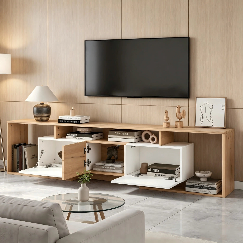 Mobile TV con 2 ante; 1 anta ribalta e 3 vani aperti - per soggiorno - 180x30x49 cm