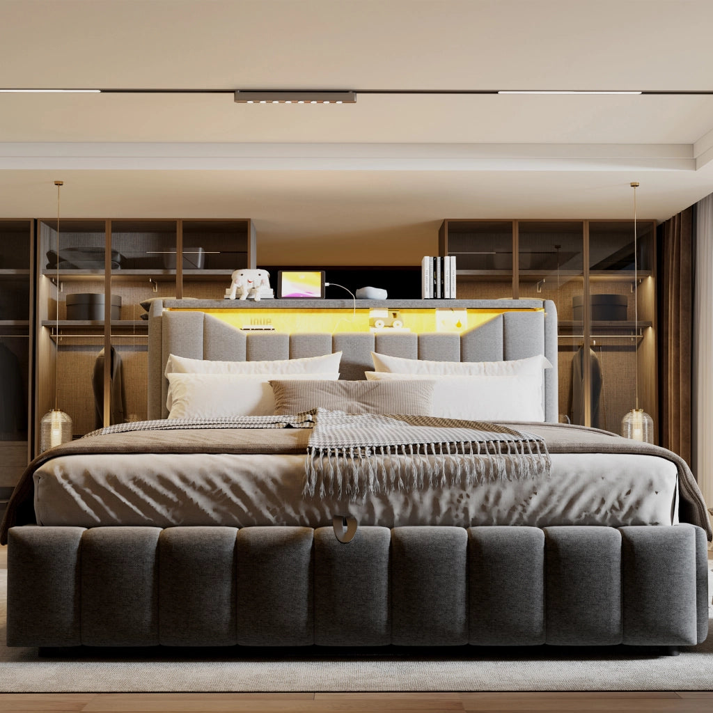 Letto contenitore matrimoniale 180 × 200 cm con sistema idraulico, LED, USB e USB-C, senza materasso, grigio
