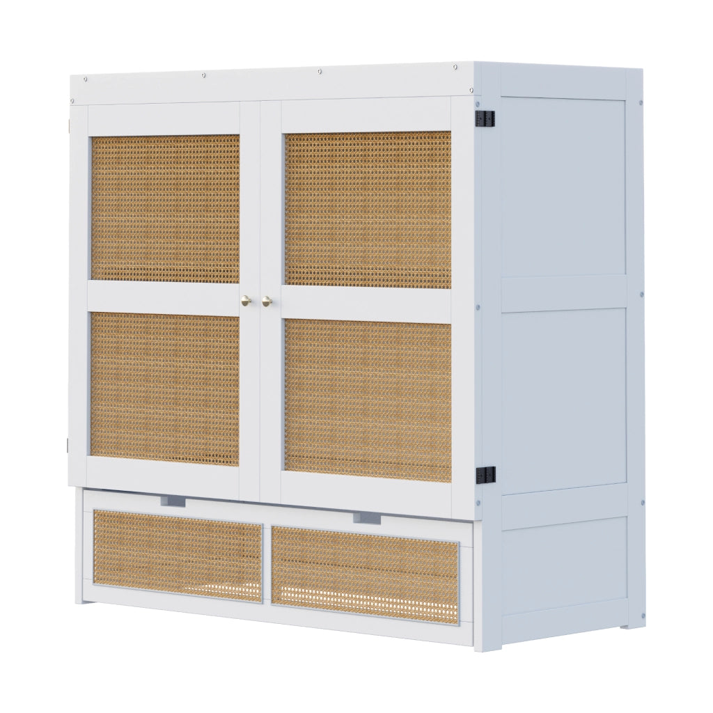 Letto pieghevole matrimoniale 140×200 cm con cassetti e design rattan; senza materasso; legno; bianco