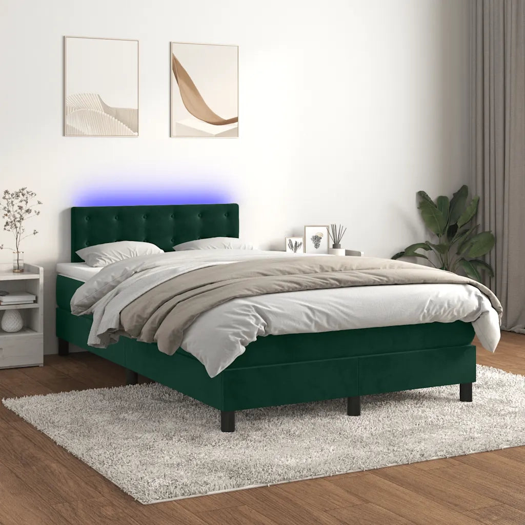 Letto a Molle con Materasso e LED Verde Scuro 120x200cm Velluto